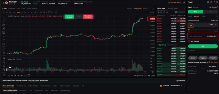 Layar beli Bitcoin dengan USDT di pasar spot BTC/USDT