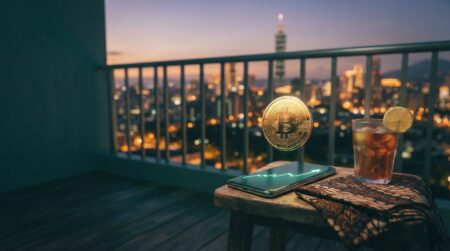 Membeli crypto dari Taiwan lewat ponsel dengan latar kota Taipei