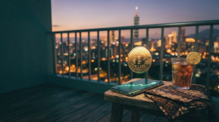 Membeli crypto dari Taiwan lewat ponsel dengan latar kota Taipei
