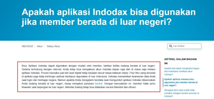Pusat bantuan Indodax tentang penggunaan aplikasi dari luar negeri